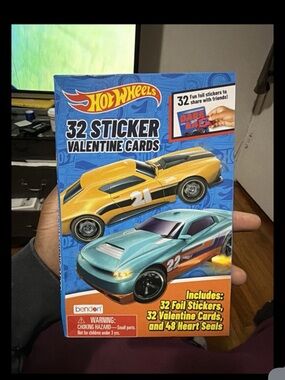 Hot Wheels 32 Sticker Valentine Cards -Includes 32 Foil stickers &48 Heart Seals